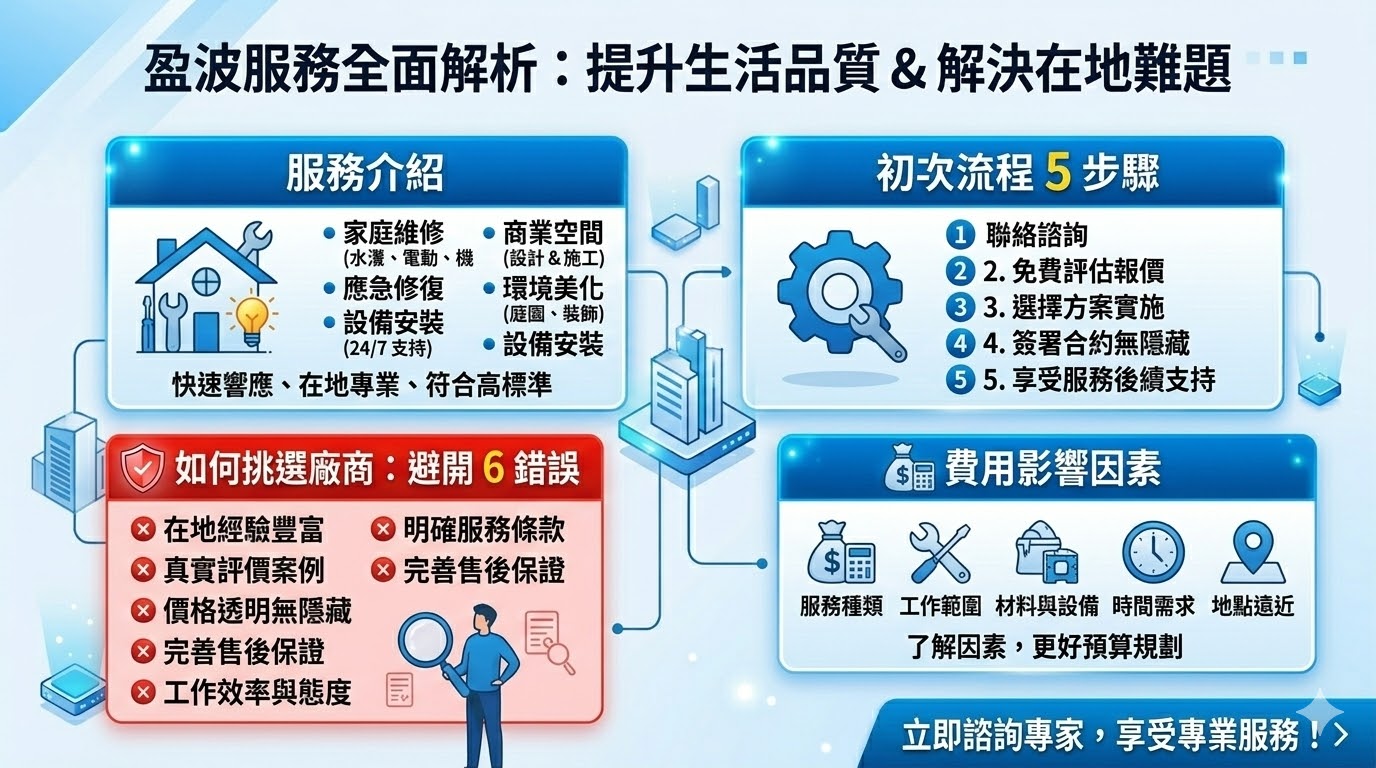 盈波提供多元的本地服務，專注於滿足居民與商業需求。我們的服務涵蓋家庭維修、商業空間設計、應急修復等領域，致力於提升當地生活品質和商業效率。無論是安裝、維護還是緊急修復，盈波都能快速響應，為客戶提供專業且高效的解決方案。透過合理的費用與高品質的服務，我們幫助您解決各種需求。