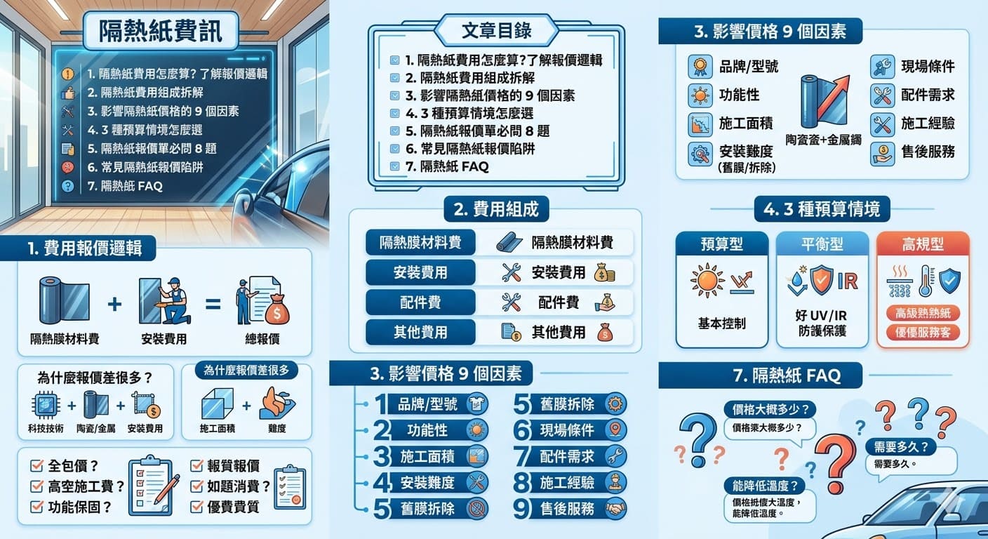 了解如何選擇適合的隔熱紙，不僅能有效降低室內溫度，還能讓你在長期使用中享有更高的舒適度。本篇文章將詳盡分析隔熱紙的費用組成，從品牌、安裝面積到施工難度，幫助消費者更清楚地了解如何計算隔熱紙的總成本，並提供實用的報價單分析與選擇建議，讓你在選購隔熱紙時不再迷惘。