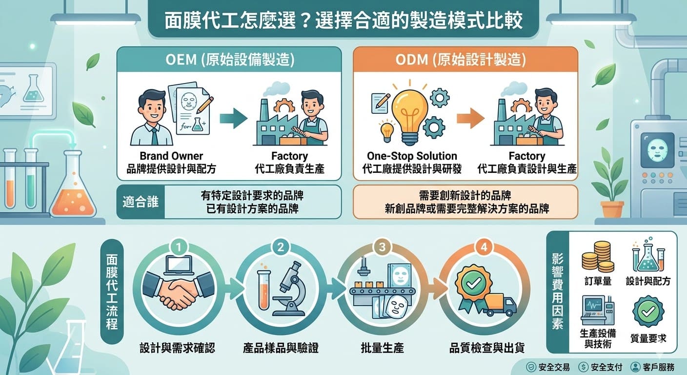 面膜代工是許多品牌推出產品的重要合作方式。面膜代工模式大致分為OEM（原始設備製造）與ODM（原始設計製造）。OEM主要是根據品牌方的設計進行生產，而ODM則提供從設計到生產的全方位服務。選擇適合的面膜代工模式不僅關係到產品的質量，也影響品牌的創新能力與成本控制。根據品牌的需求，選擇OEM或ODM將有助於品牌在市場中立足。