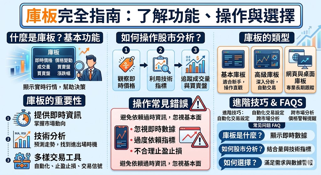 庫板（Stock Board）是金融市場中不可或缺的工具，幫助投資者快速了解即時價格、成交量及市場變動。它不僅支持股市、期貨與外匯的交易數據展示，還提供技術分析指標，幫助投資者制定策略。在選擇庫板時，需根據其功能、易用性與所需的高級工具來選擇適合的庫板平台，提升交易效率並減少錯誤。掌握庫板的使用，能讓交易者更有信心應對市場變動。