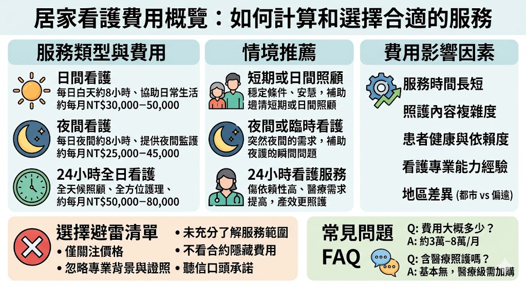 居家看護費用因服務類型、需求的不同而有顯著差異。選擇適合的居家看護服務不僅要根據患者的照護需求,還需考慮費用的高低。例如,24小時看護服務的費用通常高於日間或夜間看護。無論是尋找短期照護還是長期照顧,了解居家看護費用的構成和選擇標準,可以幫助您找到最合適的服務方案,確保患者得到專業且經濟的照顧。