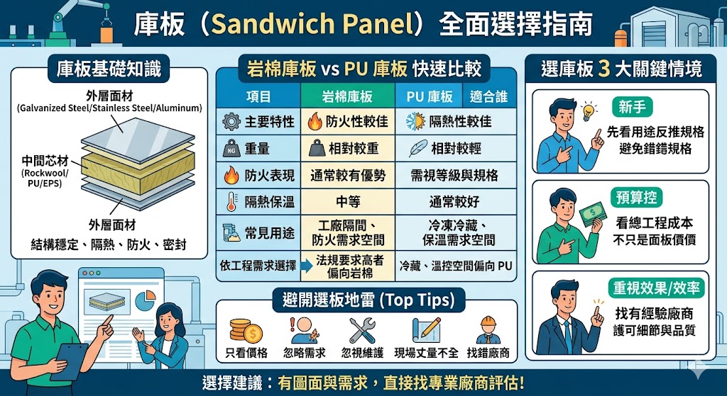 庫板在無塵室、工廠隔間、冷藏空間與食品廠工程中相當常見，但不同庫板的芯材、隔熱、防火與費用差異很大。這篇文章整理岩棉庫板與 PU 庫板的比較、庫板費用影響因素、適用情境與挑選重點，幫助你快速判斷哪種庫板更適合你的工程需求。