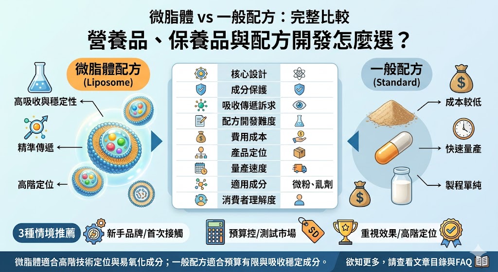 在選擇營養品或保養品時，理解微脂體與一般配方的差異至關重要。一般配方通常依賴成分本身的性質進行吸收，容易受環境因子或消化道代謝影響而降低生物利用率。相比之下，微脂體技術利用磷脂質雙層膜包裹核心成分，這種類似細胞膜的結構能有效保護營養素，避免被胃酸破壞或過早分解，進而達到更高的穩定性與滲透率。在配方開發過程中，微脂體雖然能顯著提升產品效能並減少刺激性，但其製程技術門檻較高且成本相對昂貴。對於追求極致吸收效率或敏感性肌膚的消費者而言，微脂體無疑是更具優勢的選擇；而一般配方則在性價比與基礎護理上保有競爭力。開發者應根據目標客群的需求與預算，在活性成分的傳遞效率與產品終端售價之間取得最佳平衡，以打造最具市場競爭力的產品組合。