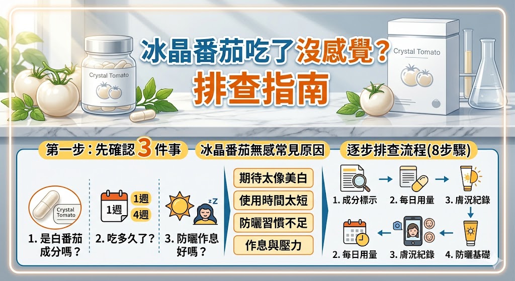 許多消費者在服用冰晶番茄一段時間後感到效果不如預期，這往往與服用習慣、吸收率及產品來源有關。首先應排查是否維持每日定時定量服用，因為植物營養素需要累積濃度才能發揮作用；其次需檢視生活作息，若長期曝曬且未做好基礎物理防曬，其保養效果極易被抵銷。此外，市場上充斥著成分不明的仿冒品，若產品非來自正規管道，有效成分含量可能不足。建議在評估效果前至少給予身體三個月的代謝週期，並觀察膚質細緻度而非僅專注於色階變化。若持續無感，建議調整飲食結構並補充足量水分以優化吸收環境。同時，患有番茄過敏者或特殊體質人士應先行諮詢醫師，確保補充過程安全無虞。