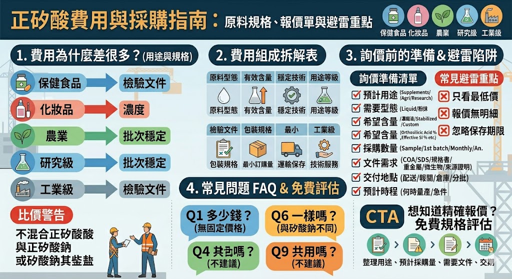 想了解正矽酸費用怎麼算？本文拆解正矽酸報價單、原料規格、影響價格因素與採購必問問題，幫助第一次詢價者掌握用途等級、檢驗文件、交期與付款方式，降低採購風險並更準確索取報價。