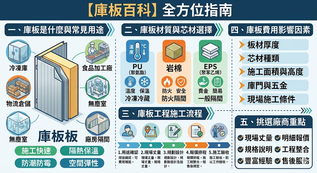 庫板是什麼？庫板工程具有防火、隔熱、防潮及高潔淨度等優異特性，廣泛應用於科技廠房、無塵室、食品廠與冷凍庫等場所。庫板材質通常由外層烤漆鋼板與內層岩棉或聚氨酯（PU）等芯材組成，能有效滿足不同產業的隔間需求。在進行庫板工程時，施工流程包含現場丈量、骨架搭建、板材吊掛安裝以及矽利康填縫等步驟。至於庫板費用，會依照材質規格、防火等級與施工坪數而有所不同。建議在規劃工程前，先評估場地的溫控與潔淨需求，並選擇專業廠商進行設計與施工，才能確保結構安全且符合相關法規。