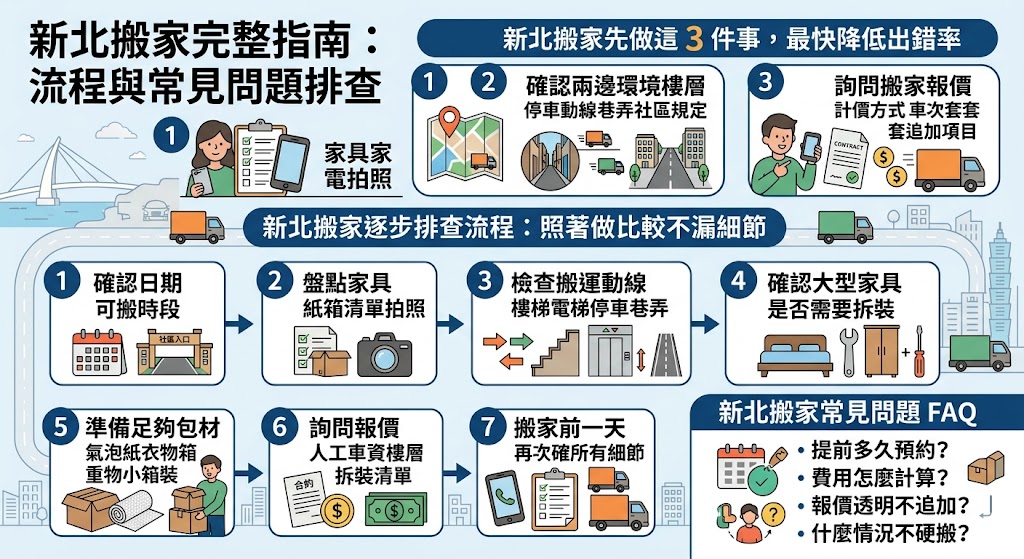準備新北搬家前,先掌握物品盤點、搬運動線、樓層電梯、家具拆裝、包材準備與報價確認,能有效降低臨時加價與搬運延誤風險。本文整理新北搬家常見問題、排查流程與注意事項,協助租屋族、家庭與店家快速判斷是否需要專業搬家公司,讓新北搬家流程更順利、安全又省時。